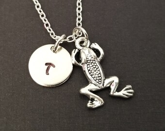Silver Frog Necklace - Frog Charm Pendant - Personalized Necklace - Custom Initial Necklace - Personalized Gift - Amphibian Necklace