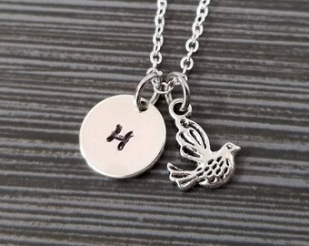 Silver Dove Necklace - Dove Charm Pendant - Personalized Necklace - Custom Gift - Initial Necklace - Personalized Gift - Bird Jewelry