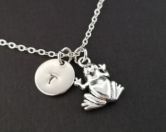 Silver Frog Necklace - Frog Charm Pendant - Personalized Necklace - Custom Initial Necklace - Personalized Gift - Amphibian Necklace