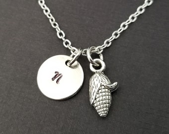 Antique Silver Corn Necklace - Corn Cob Charm Pendant - Personalized Necklace - Custom Initial Necklace - Fall Necklace Fairy Tale Necklace