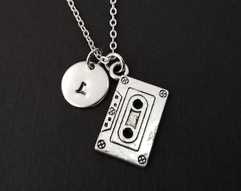 Silver Mix Tape Necklace - Cassette Tape Charm Necklace - Personalized Necklace - Custom Initial Necklace - Music Necklace - 90s Necklace