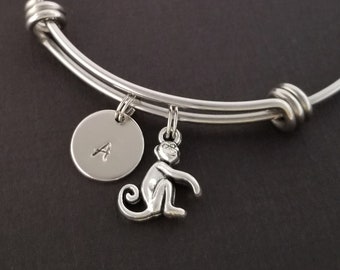 Monkey Bangle - Monkey Charm Bracelet - Expandable Bangle - Charm Bangle - Monkey Bracelet - Initial Bracelet - Chimp Bracelet