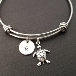 Turtle Bangle - Turtle Charm Bracelet - Expandable Bangle - Charm Bangle - Tortoise Bracelet- Initial Bracelet - Reptile Bracelet