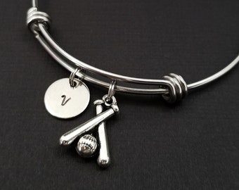 Baseball Bracelet - Expandable Bangle - Baseball Charm Bracelet - Initial Bracelet - Softball Gift - Softball Bracelet - Sports Bracelet