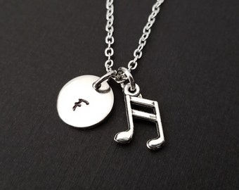 Silver Music Note Necklace - Charm Necklace - Personalized Necklace - Custom Gift - Initial Necklace - Music Lover Gift - Band Student
