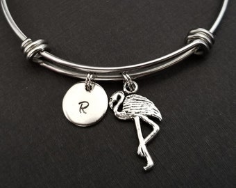 Flamingo Bangle - Flamingo Charm Bracelet - Expandable Bangle - Charm Bangle - Flamingo Bracelet - Initial Bracelet - Animal Bracelet