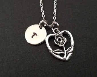 Rose Necklace - Heart Rose Charm Necklace - Personalized Necklace - Custom Gift - Initial Necklace - Heart Necklace - Flower Necklace