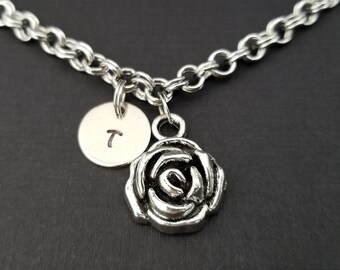 Rose Bracelet - Rose Charm Bracelet - Woodland Bracelet - Charm Jewelry - Flower Bangle - Personalized Bracelet - Gardener Bracelet
