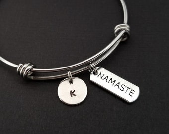 Namaste Bangle Bracelet - Namaste Charm Bracelet - Adjustable Bracelet Bangle - Namaste Bracelet - Initial Bracelet - Inspirational Jewelry