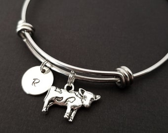 Cow Bangle - Jersey Cow Charm Bracelet - Expandable Bangle - Charm Bangle - Cow Bracelet - Initial Bracelet - Cowgirl Bracelet