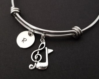 Silver Music Note Bracelet - Treble Clef Bracelet - Personalized Bracelet - Musician Gift - Bangle Bracelet - Band Student Bracelet Bangle