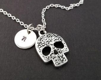 Skull Necklace - Dia De Los Muertos Necklace - Personalized Necklace - Custom Initial Necklace - Day of the Dead Jewelry - Floral Skull