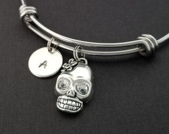 Skull Bracelet - Floral Skull Bracelet - Dia de Los Muertos Bracelet - Halloween Bracelet - Day of the Dead Bracelet - Skull Bangle