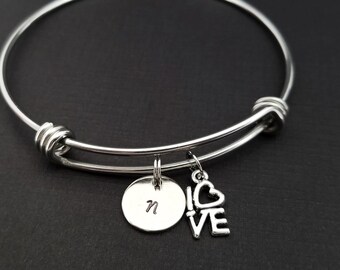 Love Bangle Bracelet - Love Charm Bracelet - Adjustable Bracelet Bangle - Love Bracelet - Initial Bracelet - Gift for Mom Jewelry