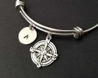 Compass Bangle - Compass Charm Bracelet - Expandable Bangle - Charm Bangle - Friend Compass Bracelet- Initial Bracelet - Nautical Bracelet