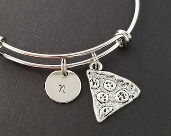 Best Friend Bracelet Bangle - Pizza Bracelet - Expandable Bangle - Charm Bangle - Pizza Charm - Initial Bracelet - Modern Jewelry