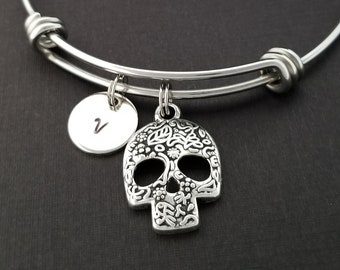 Skull Bracelet - Floral Skull Bracelet - Expandable Bangle - Charm Bracelet - Initial Bracelet - Day of the Dead Bracelet - Skull Bangle