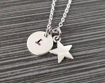 Silver Star Necklace - Antique Silver Charm Necklace - Personalized Necklace - Custom Initial Necklace - Star Charm Necklace