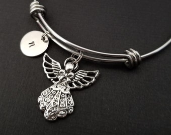 Angel Bangle - Guardian Angel Bracelet - Expandable Bangle - Angel Charm Bangle - Initial Bracelet - Mom Gift - Mother Bracelet