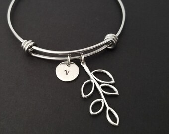 Tree Branch Bangle - Leaf Charm Bracelet - Woodland Bracelet Bangle - Branch Bracelet - Initial Bracelet - Gift for Mom - Tree Bracelet