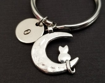 Silver Cat Keychain - Cat Key Chain - Cat Lover Keyring - Cat on a Crescent Moon Keyring - Gift for Best Friend - Pet Keychain - Vet Gift