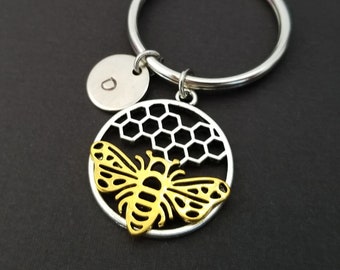 Honey Bee Keychain - Custom Gift - Honeycomb Keychain - Gift for Mom - Gardener Gift - Bee Keyring - Initial Keychain - Beekeeper Gift