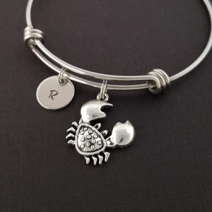 Crab Bangle - Crab Charm Bracelet - Expandable Bangle - Fisherman Charm Bangle - Crab Bracelet- Initial Bracelet - Personalized Bracelet