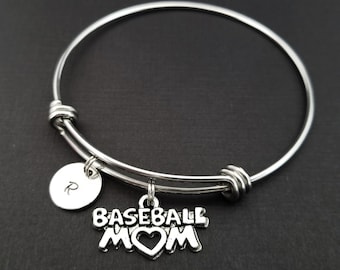 Baseball Mom Bracelet - Expandable Bangle - Mom Charm Bracelet - Initial Bracelet - Mom Gift - Mother Bracelet - Sports Mom Bracelet