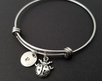 Ladybug Bangle - Lady Bug Charm Bracelet - Expandable Bangle - Charm Bangle - Ladybug Bracelet- Initial Bracelet - Insect Bracelet