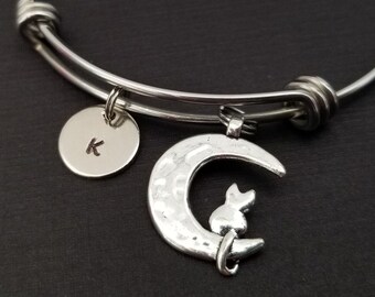 Silver Cat Bangle - Cat on a Crescent Moon Charm Bracelet - Expandable Bangle - Kitten Charm Bangle - Initial Bracelet - Cat Charm Bracelet