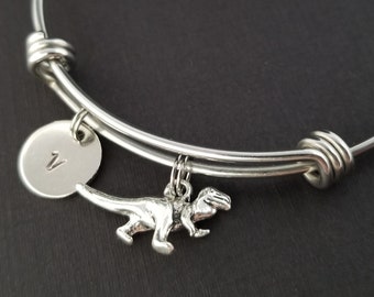 Dinosaur Bangle - T-Rex Charm Bracelet - Expandable Charm Bangle - Tyrannosaurus Rex Bracelet - Initial Bracelet - Personalized Bracelet