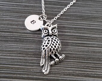 Silver Owl Necklace - Owl Charm Pendant - Personalized Necklace - Custom Gift - Initial Necklace - Personalized Gift - Bird Jewelry