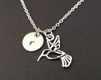 Collier colibri d’argent - Pendentif de charme de colibri - collier personnalisé - collier initial personnalisé - cadeau personnalisé - bijoux d’oiseau