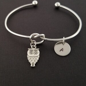 May include: A silver bangle bracelet with a knot detail and two charms. One charm is an owl and the other is a round disc with the letter "A" engraved on it.
