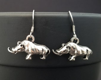 Rhino Earrings - Rhino Charm Earrings - Rhinoceros Jewelry - Gift for Mom - French Hook Earrings - Dangle Earrings - Animal Earrings