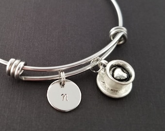 Tea Cup Bangle - Coffee Cup Charm Bracelet - Heart Expandable Bangle - Personalized Charm Bangle - Teacup Bracelet - Initial Bracelet