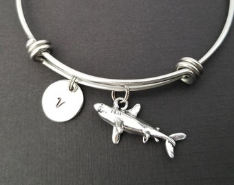 Shark Bangle - 3D Shark Charm Bracelet - Expandable Bangle - Shark Charm Bangle - Great White Shark - Initial Bracelet Personalized Bracelet