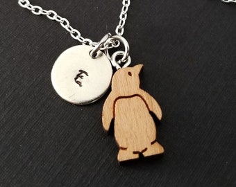 Wooden Penguin Necklace - Wood Penguin Charm Necklace - Personalized Necklace - Custom Gift - Initial Necklace - Geeky Gift