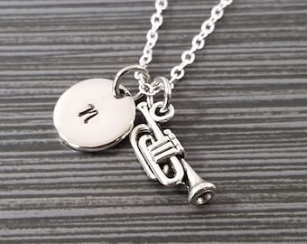 Silver Trumpet Necklace - Band Student Necklace - Personalized Necklace - Musician Gift - Initial Necklace - Musical Instrument Jewelry