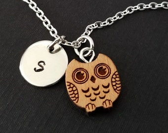 Wooden Owl Necklace - Wood Owl Charm Necklace - Personalized Necklace - Custom Gift - Initial Necklace - Silver Charm Necklace