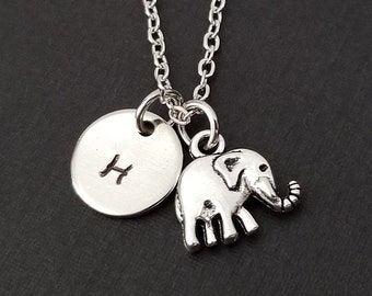 Silver Elephant Necklace - Elephant Charm Necklace - Personalized Necklace - Custom Gift - Initial Necklace - Elephant Totem Charm