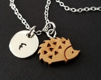 Wooden Hedgehog Necklace - Hedgehog Charm Necklace - Personalized Necklace - Custom Gift - Initial Necklace - Silver Charm Necklace