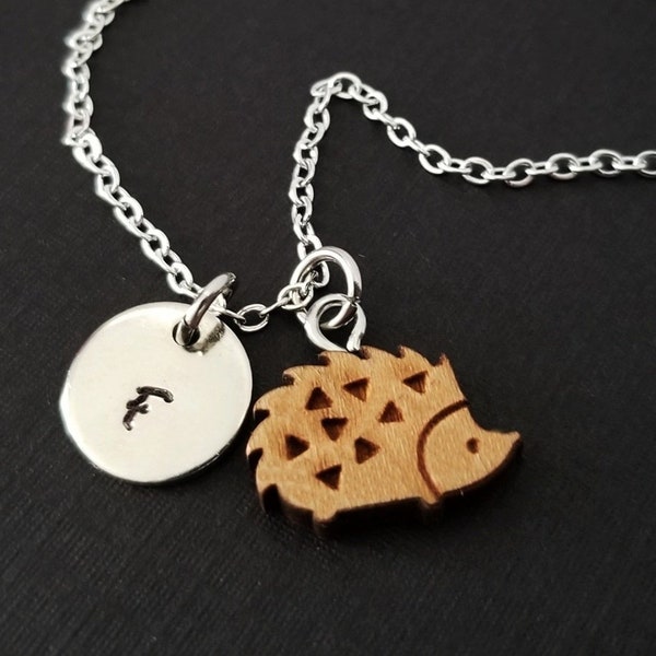 Wooden Hedgehog Necklace - Hedgehog Charm Necklace - Personalized Necklace - Custom Gift - Initial Necklace - Silver Charm Necklace