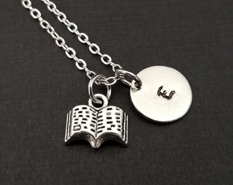 Silver Book Necklace - Open Book Charm Necklace - Personalized Necklace - Custom Gift - Initial Necklace - Author Gift - Writer Book Lover