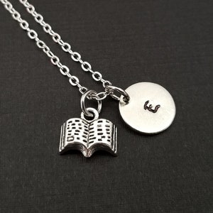 Silver Book Necklace - Open Book Charm Necklace - Personalized Necklace - Custom Gift - Initial Necklace - Author Gift - Writer Book Lover