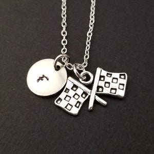 Checkered Flag Necklace - Race Car Charm Necklace - Personalized Necklace - Custom Gift - Initial Necklace - Car Racing Necklace