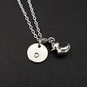 Silver Rubber Duck Necklace - Ducky Charm Pendant - Personalized Necklace - Custom Initial Necklace - Personalized Gift - Bird Jewelry