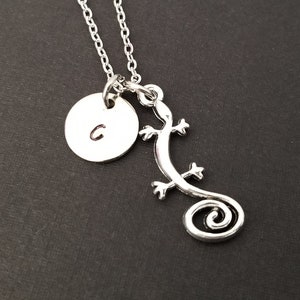 Silver Gecko Necklace - Lizard Charm Pendant - Personalized Necklace - Custom Gift - Initial Necklace - Personalized Reptile Necklace