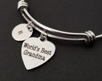 World's Best Grandma Bracelet - Grandma Bangle Bracelet - Expandable Charm Bracelet - Initial Bracelet - Grandmother Gift - Nana Bracelet