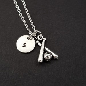 Silver Baseball Necklace - Baseball Bat Necklace - Personalized Necklace - Custom Initial Necklace - Softball Necklace - Sports Necklace